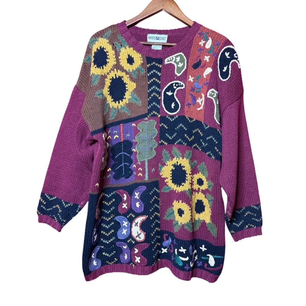 Vintage White Stag Women XL 90s Patchwork Sunflower Paisley Sweater‎ Burgundy